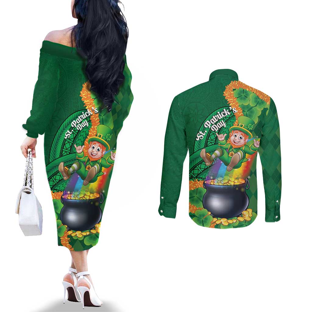 St Patrick's Day Hawaii Couples Matching Off The Shoulder Long Sleeve Dress and Long Sleeve Button Shirt Hauoli Maoli Funny Shaka Leprechaun LT14 - Polynesian Pride