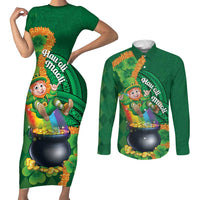 St Patrick's Day Hawaii Couples Matching Short Sleeve Bodycon Dress and Long Sleeve Button Shirt Hauoli Maoli Funny Shaka Leprechaun LT14 Green - Polynesian Pride