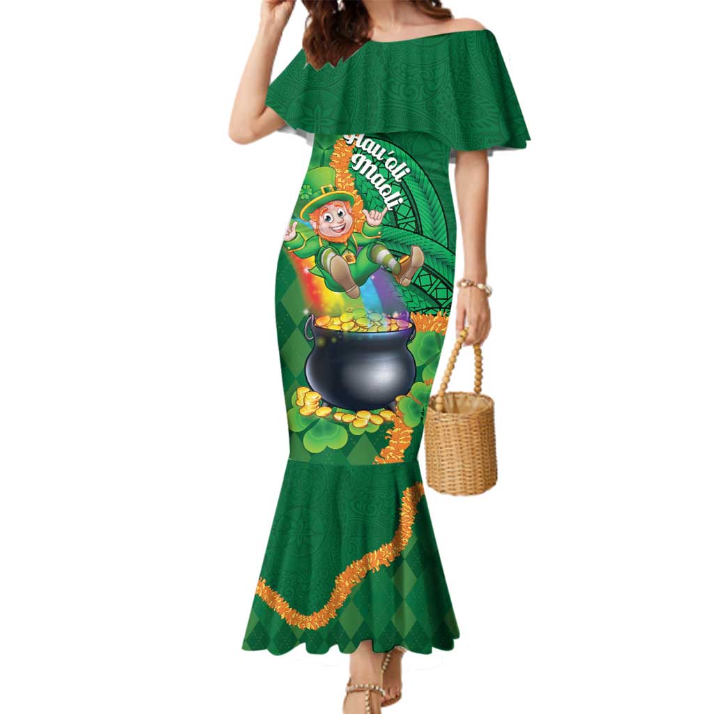 St Patrick's Day Hawaii Family Matching Mermaid Dress and Hawaiian Shirt Hauoli Maoli Funny Shaka Leprechaun LT14 Mom's Dress Green - Polynesian Pride