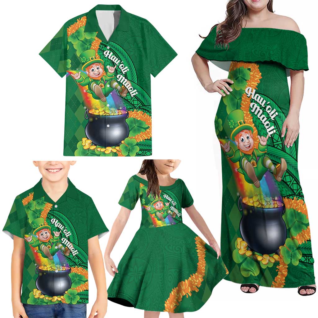 St Patrick's Day Hawaii Family Matching Off Shoulder Maxi Dress and Hawaiian Shirt Hauoli Maoli Funny Shaka Leprechaun LT14 - Polynesian Pride