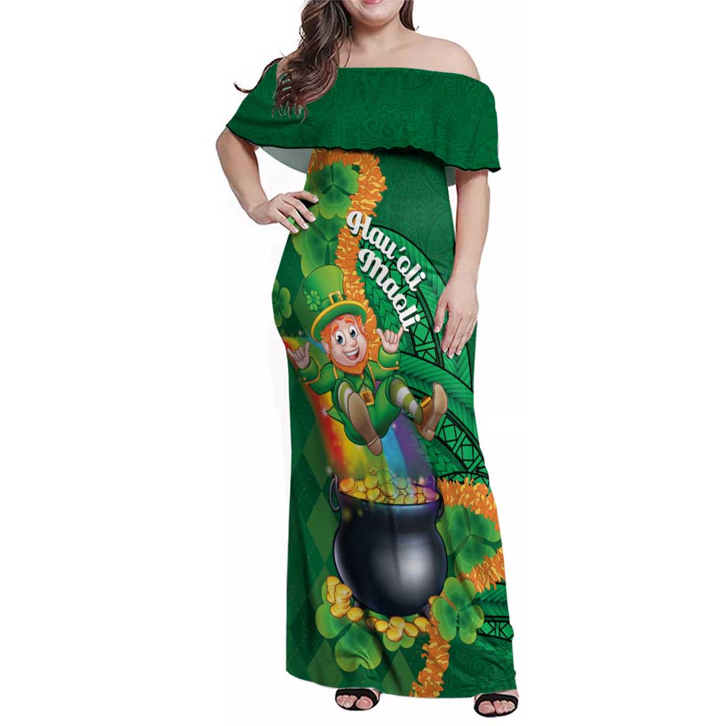 St Patrick's Day Hawaii Family Matching Off Shoulder Maxi Dress and Hawaiian Shirt Hauoli Maoli Funny Shaka Leprechaun LT14 Mom's Dress Green - Polynesian Pride