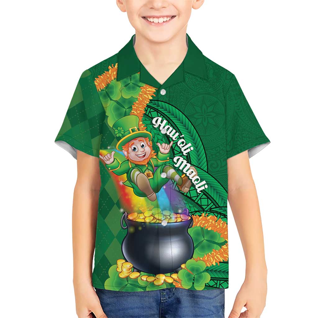 St Patrick's Day Hawaii Family Matching Off Shoulder Maxi Dress and Hawaiian Shirt Hauoli Maoli Funny Shaka Leprechaun LT14 Son's Shirt Green - Polynesian Pride