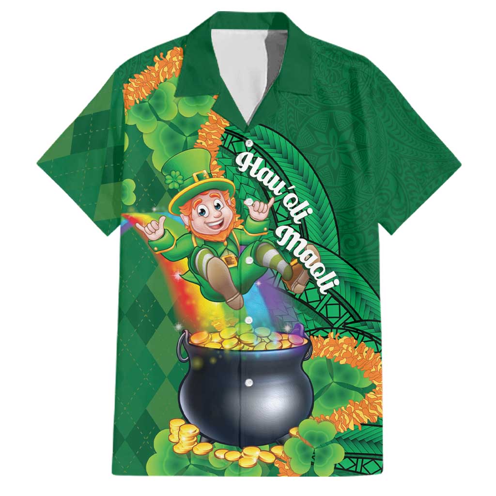 St Patrick's Day Hawaii Family Matching Off Shoulder Short Dress and Hawaiian Shirt Hauoli Maoli Funny Shaka Leprechaun LT14 Dad's Shirt - Short Sleeve Green - Polynesian Pride