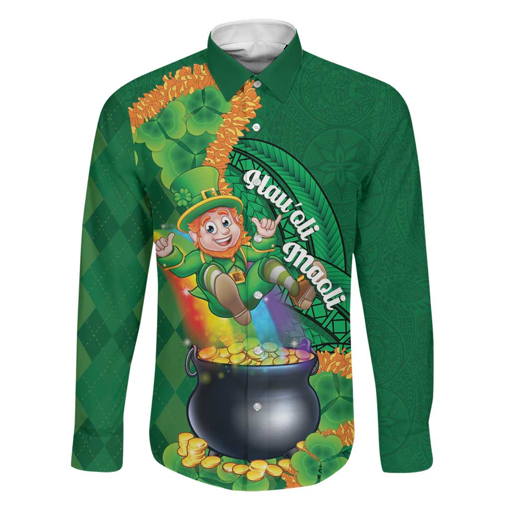 St Patrick's Day Hawaii Family Matching Off Shoulder Short Dress and Hawaiian Shirt Hauoli Maoli Funny Shaka Leprechaun LT14 Dad's Shirt - Long Sleeve Green - Polynesian Pride