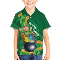 St Patrick's Day Hawaii Family Matching Off Shoulder Short Dress and Hawaiian Shirt Hauoli Maoli Funny Shaka Leprechaun LT14 Son's Shirt Green - Polynesian Pride
