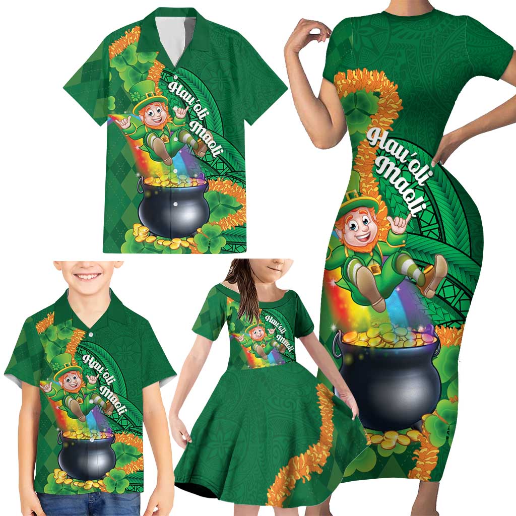 St Patrick's Day Hawaii Family Matching Short Sleeve Bodycon Dress and Hawaiian Shirt Hauoli Maoli Funny Shaka Leprechaun LT14 - Polynesian Pride
