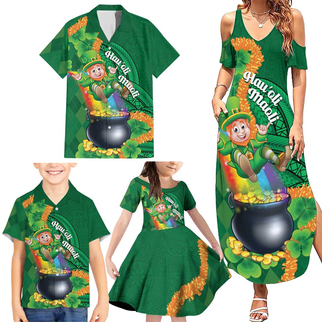 St Patrick's Day Hawaii Family Matching Summer Maxi Dress and Hawaiian Shirt Hauoli Maoli Funny Shaka Leprechaun