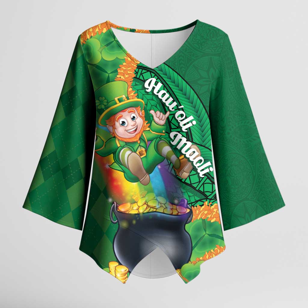 St Patrick's Day Hawaii Kimono Sleeve Blouse Hauoli Maoli Funny Shaka Leprechaun