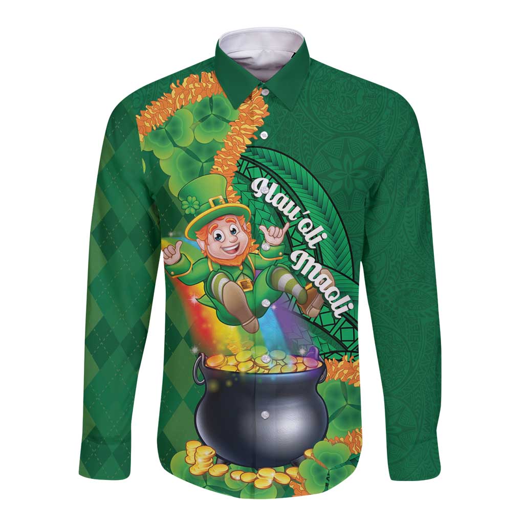 St Patrick's Day Hawaii Long Sleeve Button Shirt Hauoli Maoli Funny Shaka Leprechaun