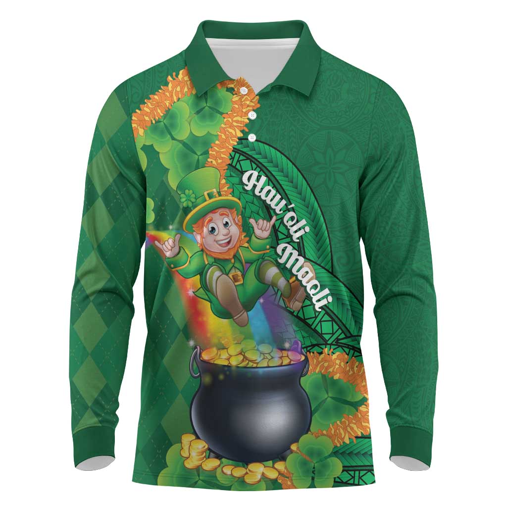 St Patrick's Day Hawaii Long Sleeve Polo Shirt Hauoli Maoli Funny Shaka Leprechaun