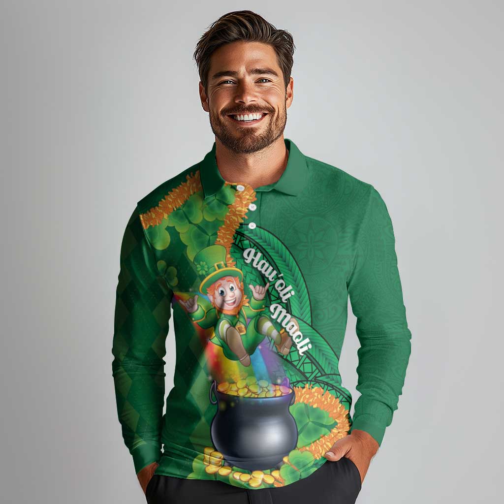 St Patrick's Day Hawaii Long Sleeve Polo Shirt Hauoli Maoli Funny Shaka Leprechaun