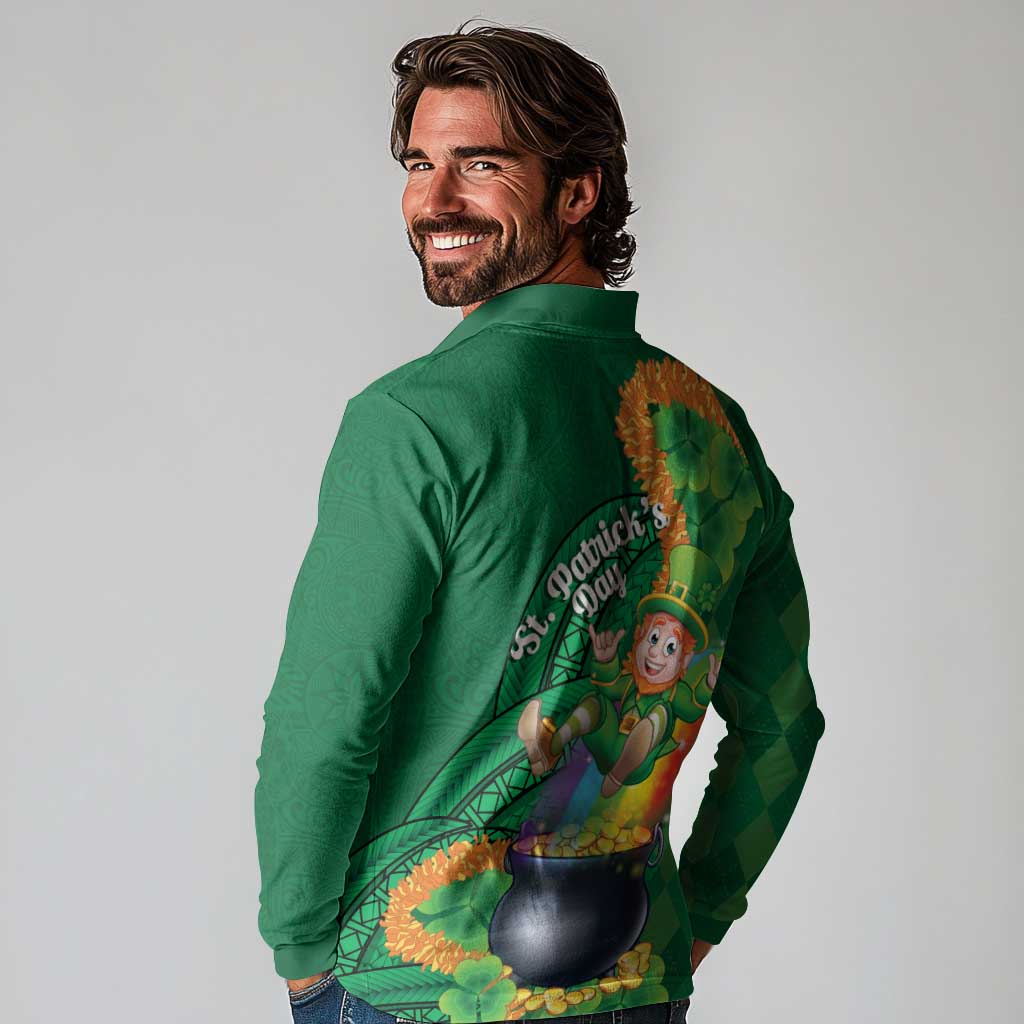 St Patrick's Day Hawaii Long Sleeve Polo Shirt Hauoli Maoli Funny Shaka Leprechaun