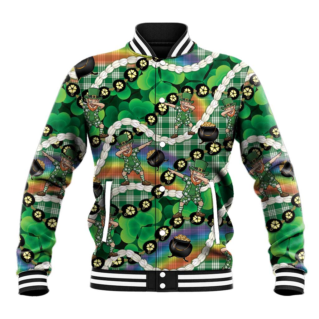 St Patrick's Day Palaka Hawaii Baseball Jacket Kukui Nut Pikake Lei Shamrock Dabbing Leprechaun