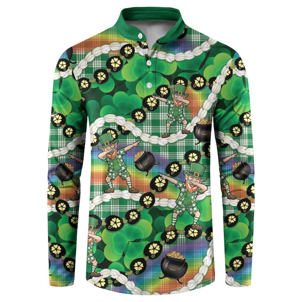 St Patrick's Day Palaka Hawaii Button Sweatshirt Kukui Nut Pikake Lei Shamrock Dabbing Leprechaun