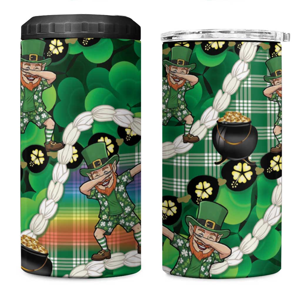 St Patrick's Day Palaka Hawaii 4 in 1 Can Cooler Tumbler Kukui Nut Pikake Lei Shamrock Dabbing Leprechaun