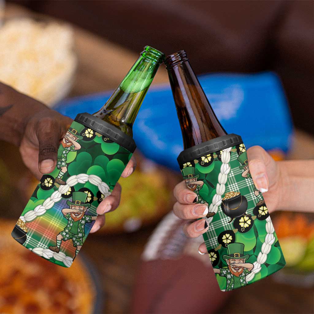 St Patrick's Day Palaka Hawaii 4 in 1 Can Cooler Tumbler Kukui Nut Pikake Lei Shamrock Dabbing Leprechaun
