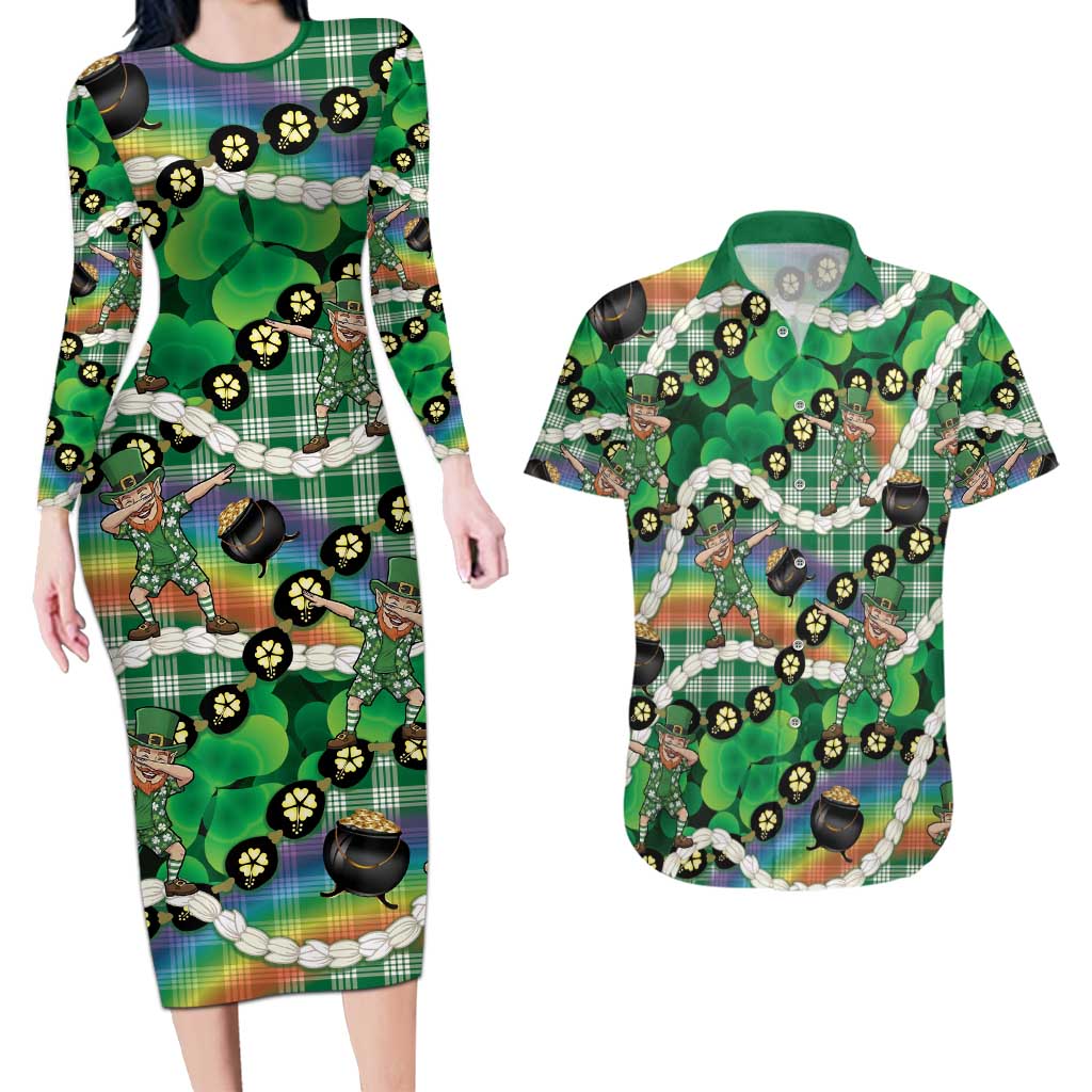 St Patrick's Day Palaka Hawaii Couples Matching Long Sleeve Bodycon Dress and Hawaiian Shirt Kukui Nut Pikake Lei Shamrock Dabbing Leprechaun LT14 Green - Polynesian Pride