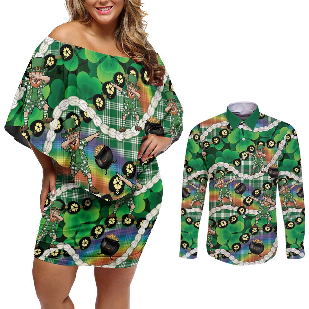 St Patrick's Day Palaka Hawaii Couples Matching Off Shoulder Short Dress and Long Sleeve Button Shirt Kukui Nut Pikake Lei Shamrock Dabbing Leprechaun