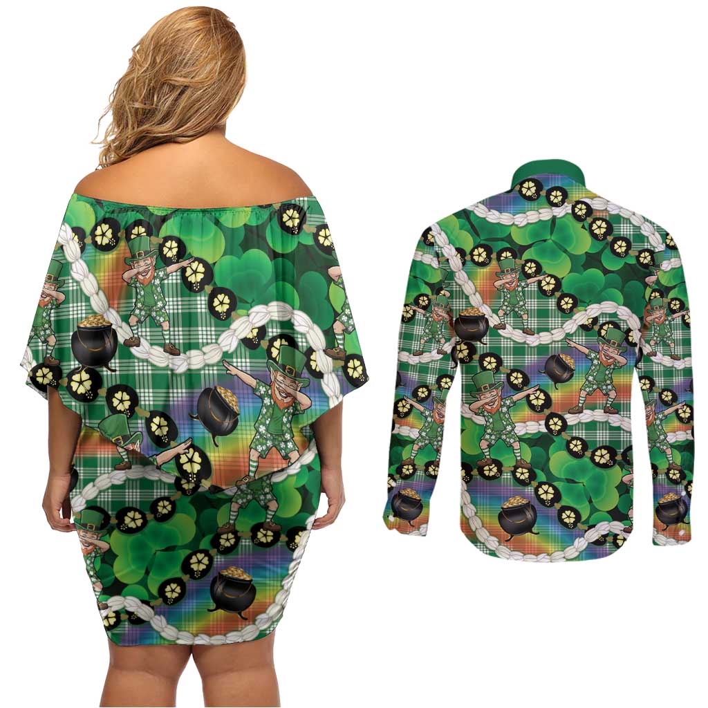 St Patrick's Day Palaka Hawaii Couples Matching Off Shoulder Short Dress and Long Sleeve Button Shirt Kukui Nut Pikake Lei Shamrock Dabbing Leprechaun