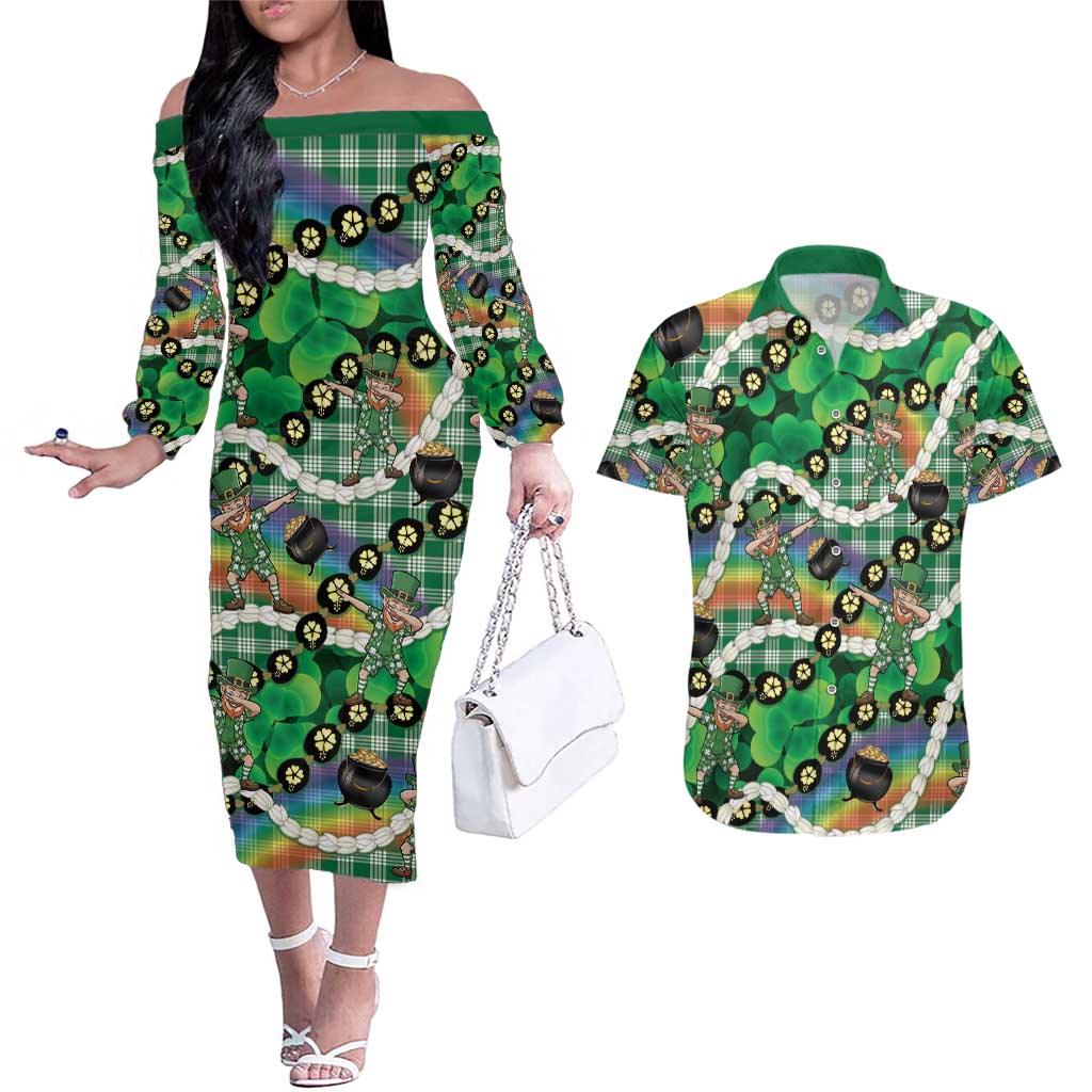St Patrick's Day Palaka Hawaii Couples Matching Off The Shoulder Long Sleeve Dress and Hawaiian Shirt Kukui Nut Pikake Lei Shamrock Dabbing Leprechaun LT14 Green - Polynesian Pride