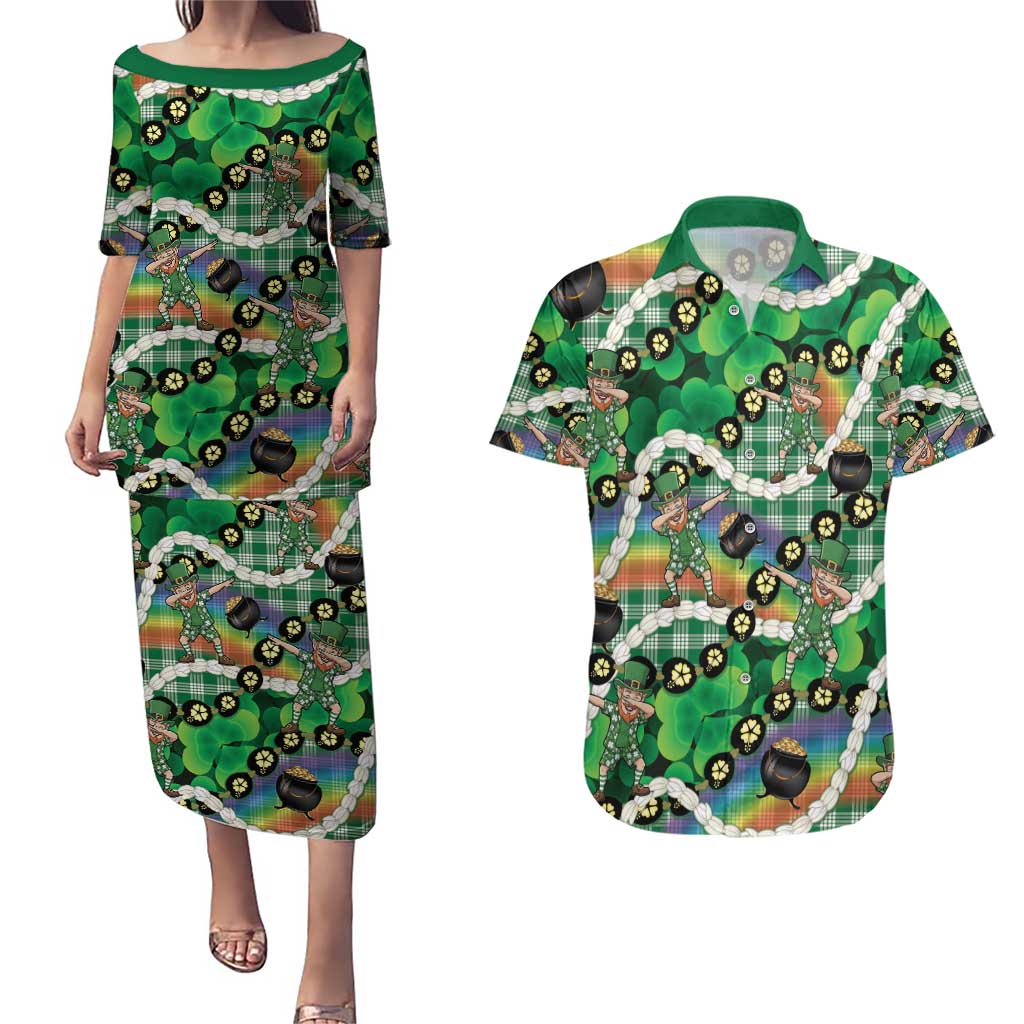 St Patrick's Day Palaka Hawaii Couples Matching Puletasi and Hawaiian Shirt Kukui Nut Pikake Lei Shamrock Dabbing Leprechaun