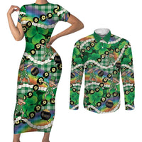 St Patrick's Day Palaka Hawaii Couples Matching Short Sleeve Bodycon Dress and Long Sleeve Button Shirt Kukui Nut Pikake Lei Shamrock Dabbing Leprechaun