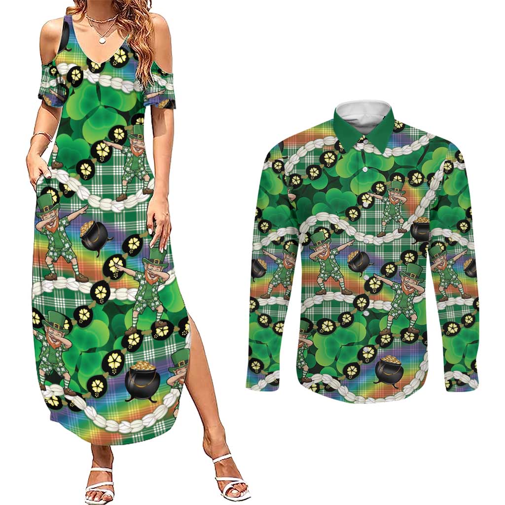 St Patrick's Day Palaka Hawaii Couples Matching Summer Maxi Dress and Long Sleeve Button Shirt Kukui Nut Pikake Lei Shamrock Dabbing Leprechaun