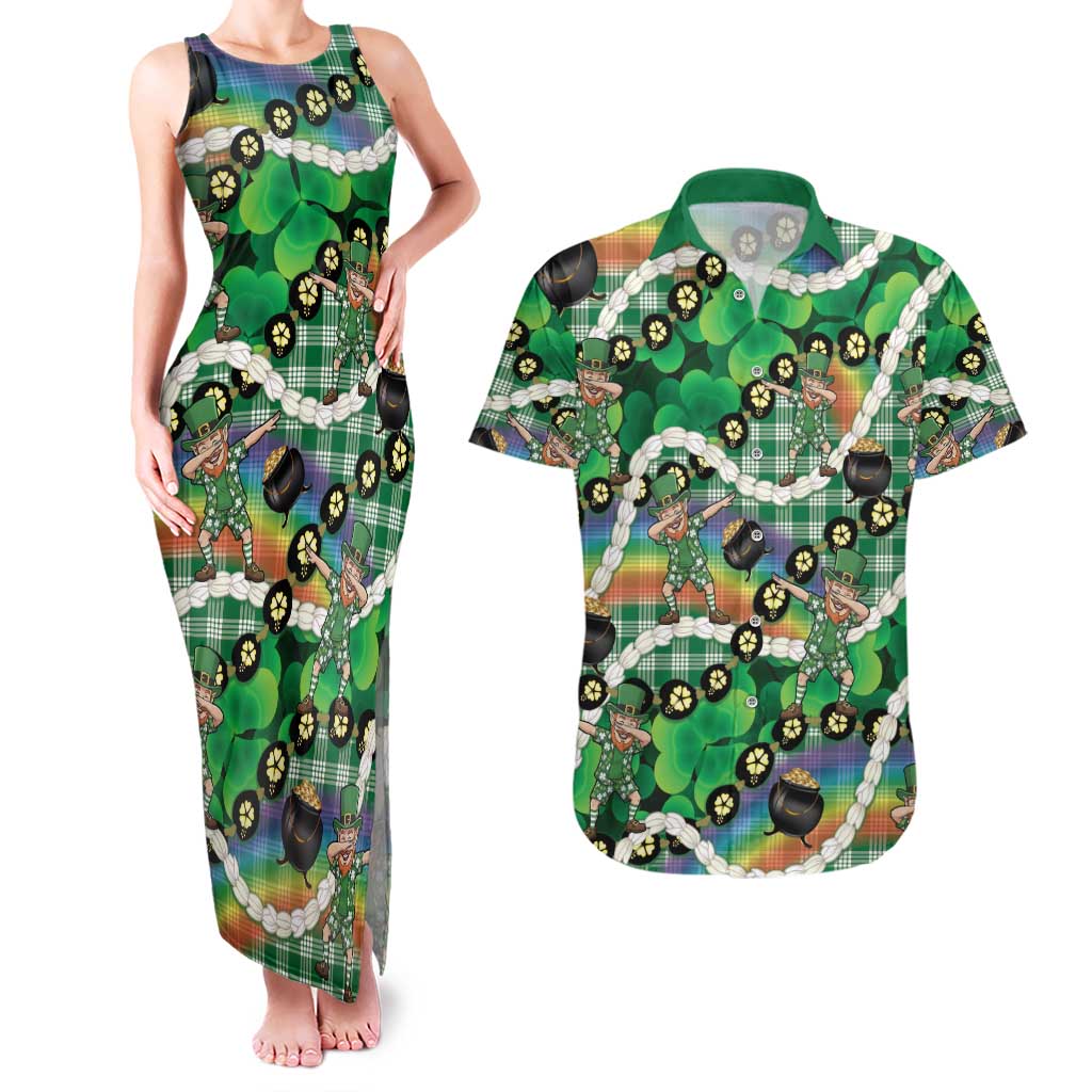 St Patrick's Day Palaka Hawaii Couples Matching Tank Maxi Dress and Hawaiian Shirt Kukui Nut Pikake Lei Shamrock Dabbing Leprechaun