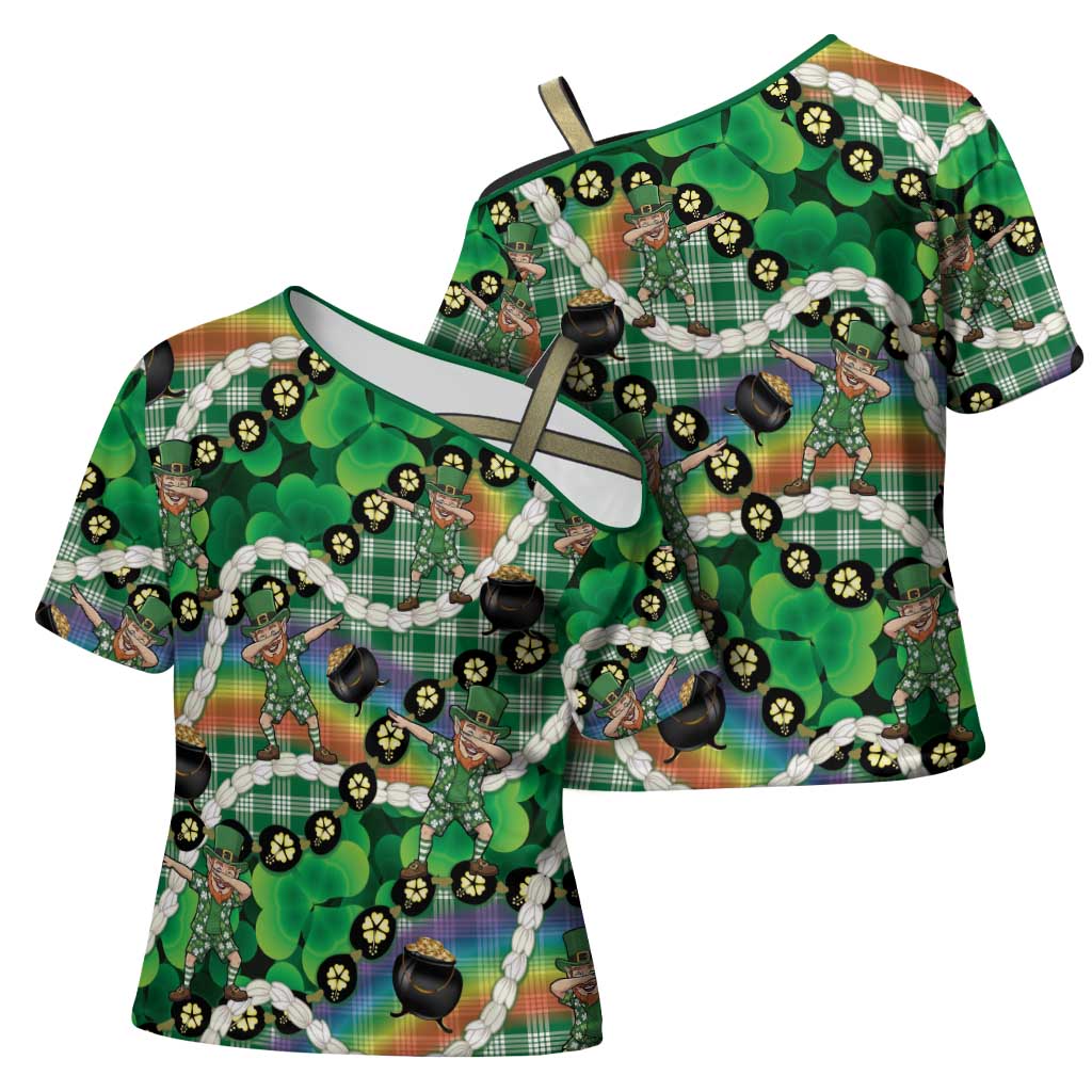 St Patrick's Day Palaka Hawaii Cross Shoulder Shirt Kukui Nut Pikake Lei Shamrock Dabbing Leprechaun