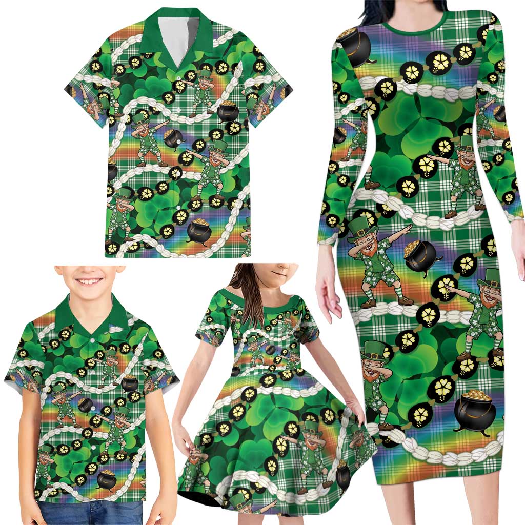 St Patrick's Day Palaka Hawaii Family Matching Long Sleeve Bodycon Dress and Hawaiian Shirt Kukui Nut Pikake Lei Shamrock Dabbing Leprechaun LT14 - Polynesian Pride
