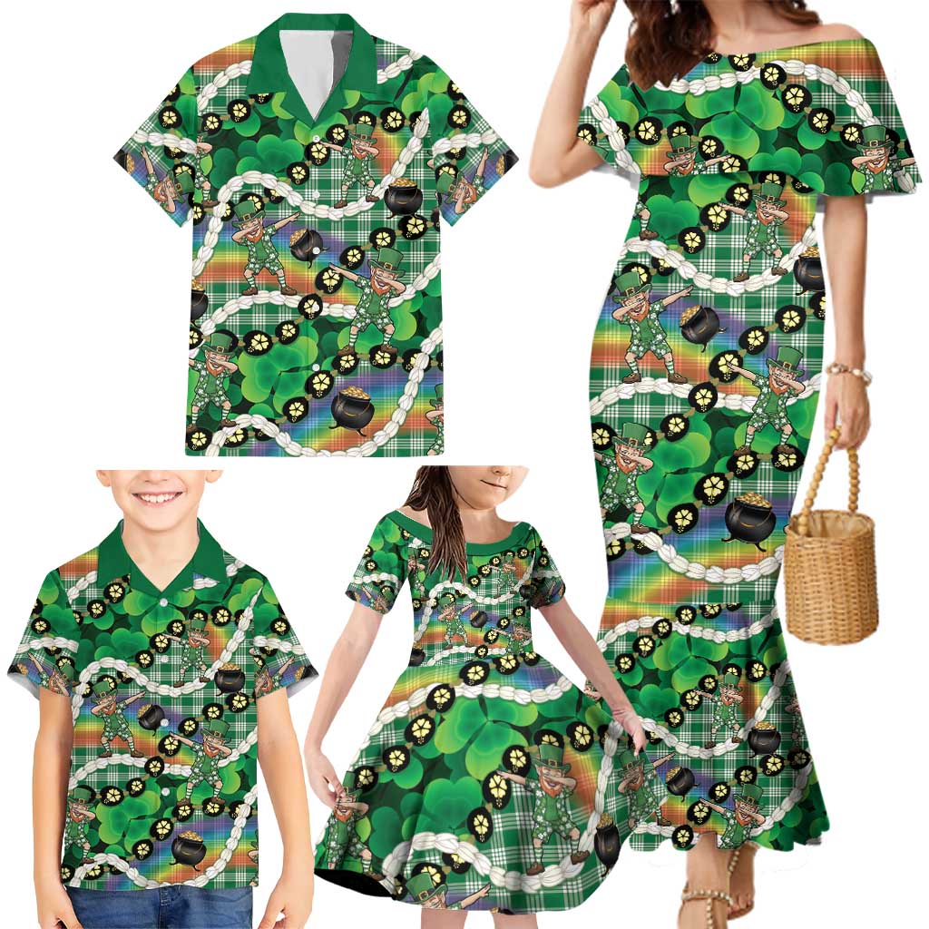 St Patrick's Day Palaka Hawaii Family Matching Mermaid Dress and Hawaiian Shirt Kukui Nut Pikake Lei Shamrock Dabbing Leprechaun LT14 - Polynesian Pride