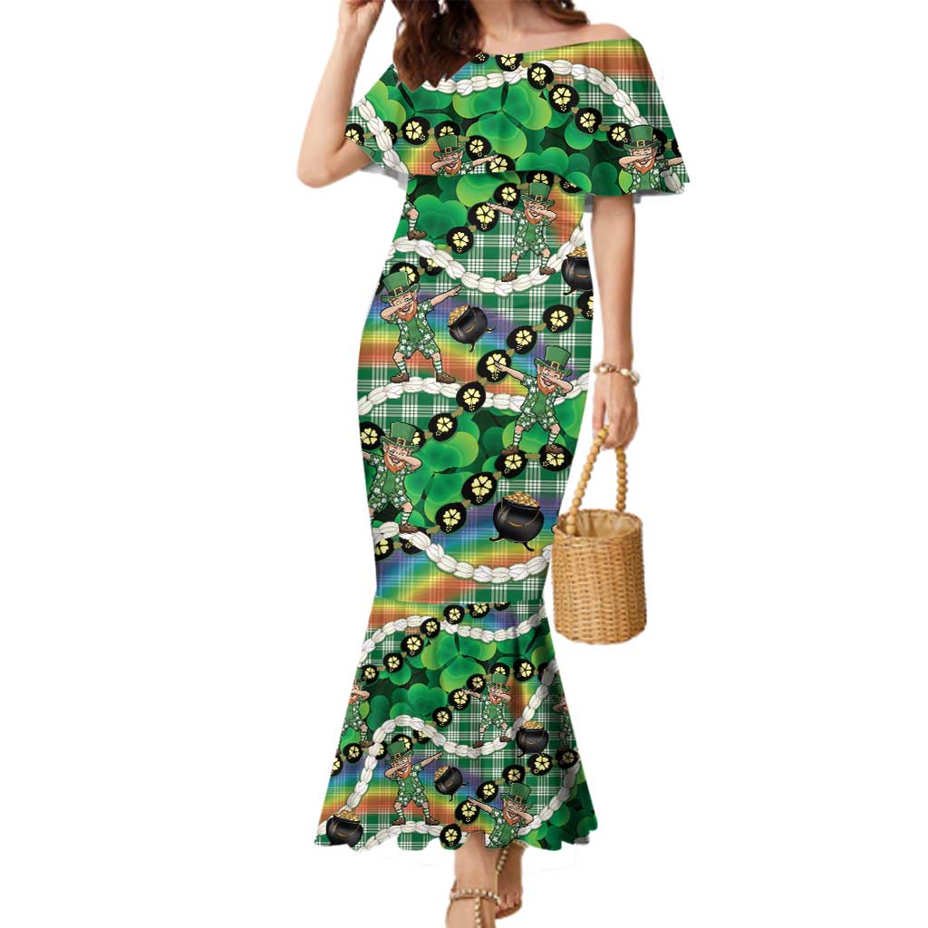 St Patrick's Day Palaka Hawaii Family Matching Mermaid Dress and Hawaiian Shirt Kukui Nut Pikake Lei Shamrock Dabbing Leprechaun LT14 Mom's Dress Green - Polynesian Pride