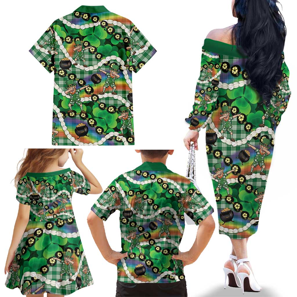 St Patrick's Day Palaka Hawaii Family Matching Off The Shoulder Long Sleeve Dress and Hawaiian Shirt Kukui Nut Pikake Lei Shamrock Dabbing Leprechaun LT14 - Polynesian Pride