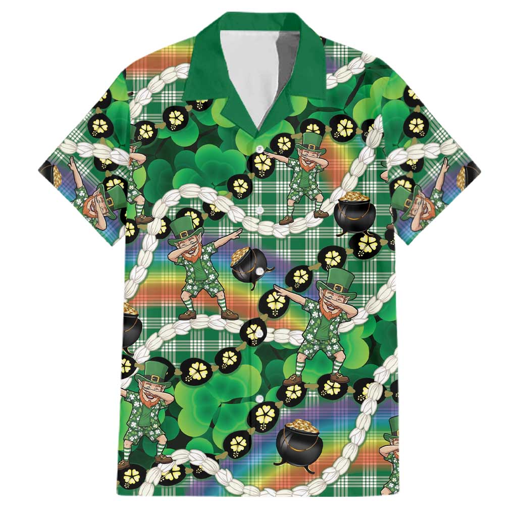 St Patrick's Day Palaka Hawaii Family Matching Off The Shoulder Long Sleeve Dress and Hawaiian Shirt Kukui Nut Pikake Lei Shamrock Dabbing Leprechaun LT14 Dad's Shirt - Short Sleeve Green - Polynesian Pride
