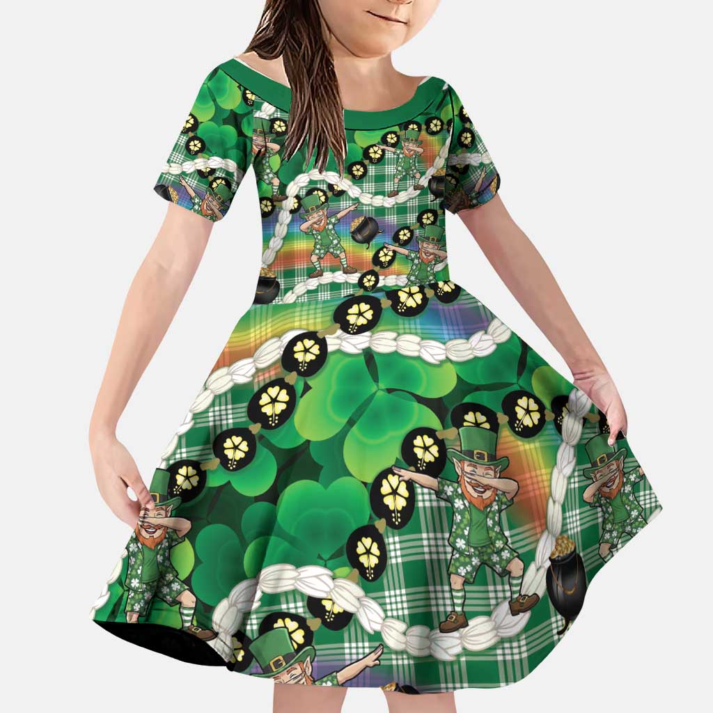 St Patrick's Day Palaka Hawaii Family Matching Off Shoulder Maxi Dress and Hawaiian Shirt Kukui Nut Pikake Lei Shamrock Dabbing Leprechaun LT14 Daughter's Dress Green - Polynesian Pride
