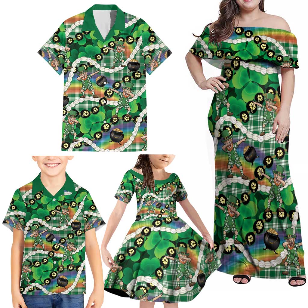 St Patrick's Day Palaka Hawaii Family Matching Off Shoulder Maxi Dress and Hawaiian Shirt Kukui Nut Pikake Lei Shamrock Dabbing Leprechaun LT14 - Polynesian Pride