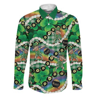 St Patrick's Day Palaka Hawaii Family Matching Off Shoulder Maxi Dress and Hawaiian Shirt Kukui Nut Pikake Lei Shamrock Dabbing Leprechaun LT14 Dad's Shirt - Long Sleeve Green - Polynesian Pride