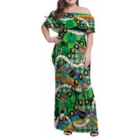 St Patrick's Day Palaka Hawaii Family Matching Off Shoulder Maxi Dress and Hawaiian Shirt Kukui Nut Pikake Lei Shamrock Dabbing Leprechaun LT14 Mom's Dress Green - Polynesian Pride