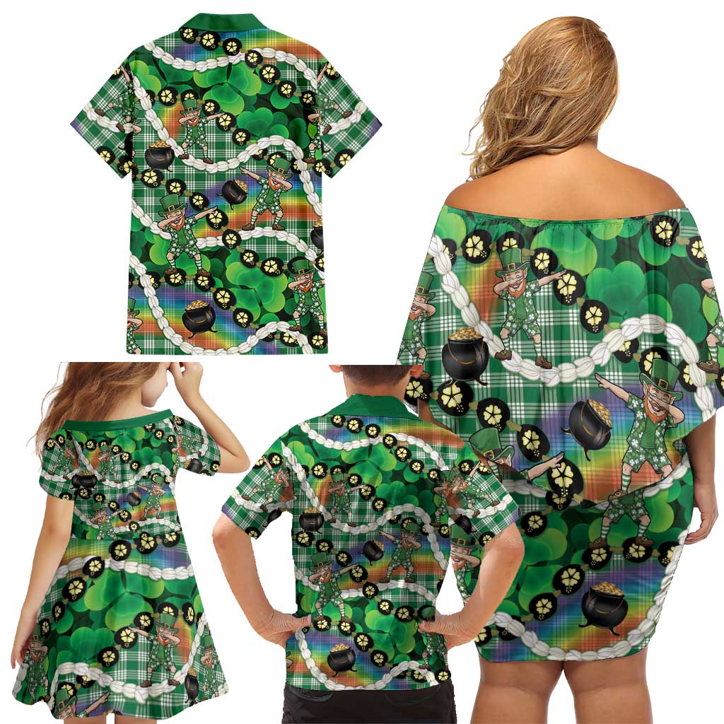 St Patrick's Day Palaka Hawaii Family Matching Off Shoulder Short Dress and Hawaiian Shirt Kukui Nut Pikake Lei Shamrock Dabbing Leprechaun LT14 - Polynesian Pride