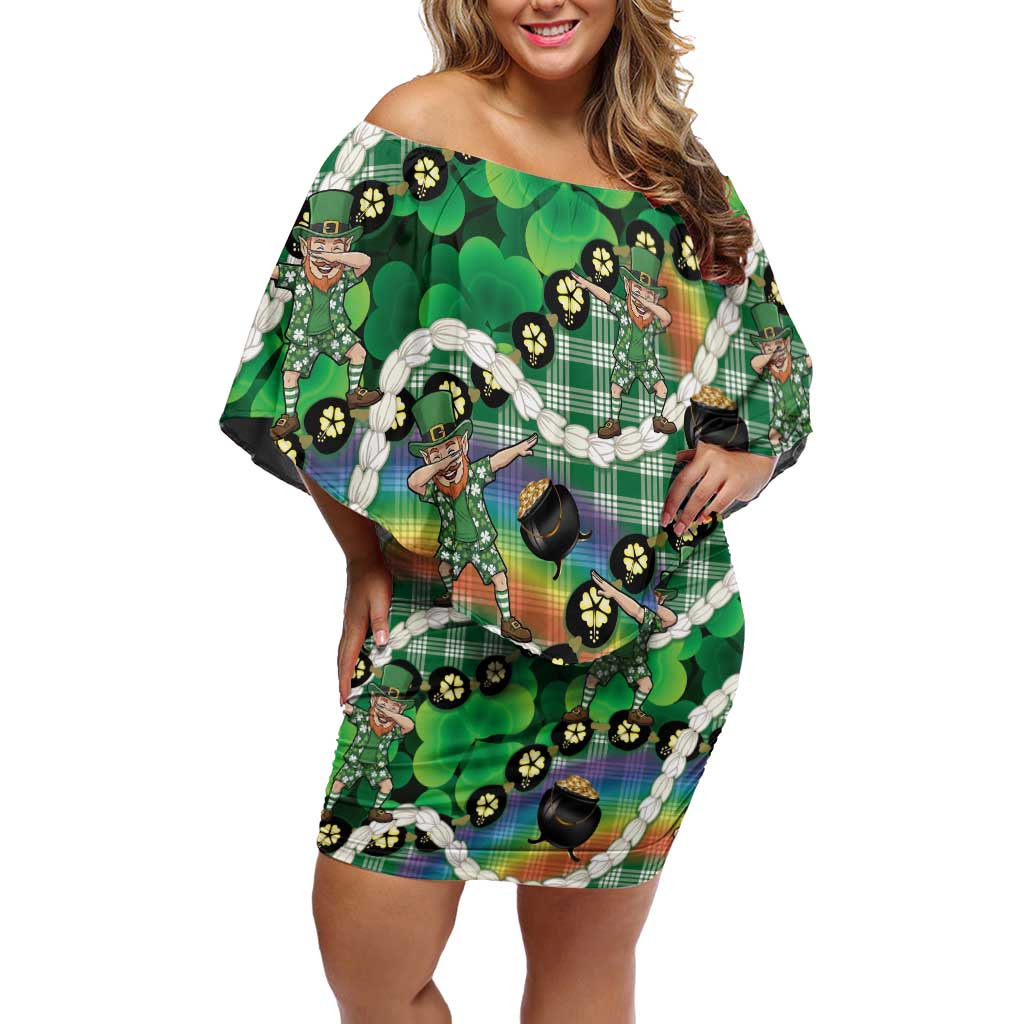St Patrick's Day Palaka Hawaii Family Matching Off Shoulder Short Dress and Hawaiian Shirt Kukui Nut Pikake Lei Shamrock Dabbing Leprechaun LT14 Mom's Dress Green - Polynesian Pride