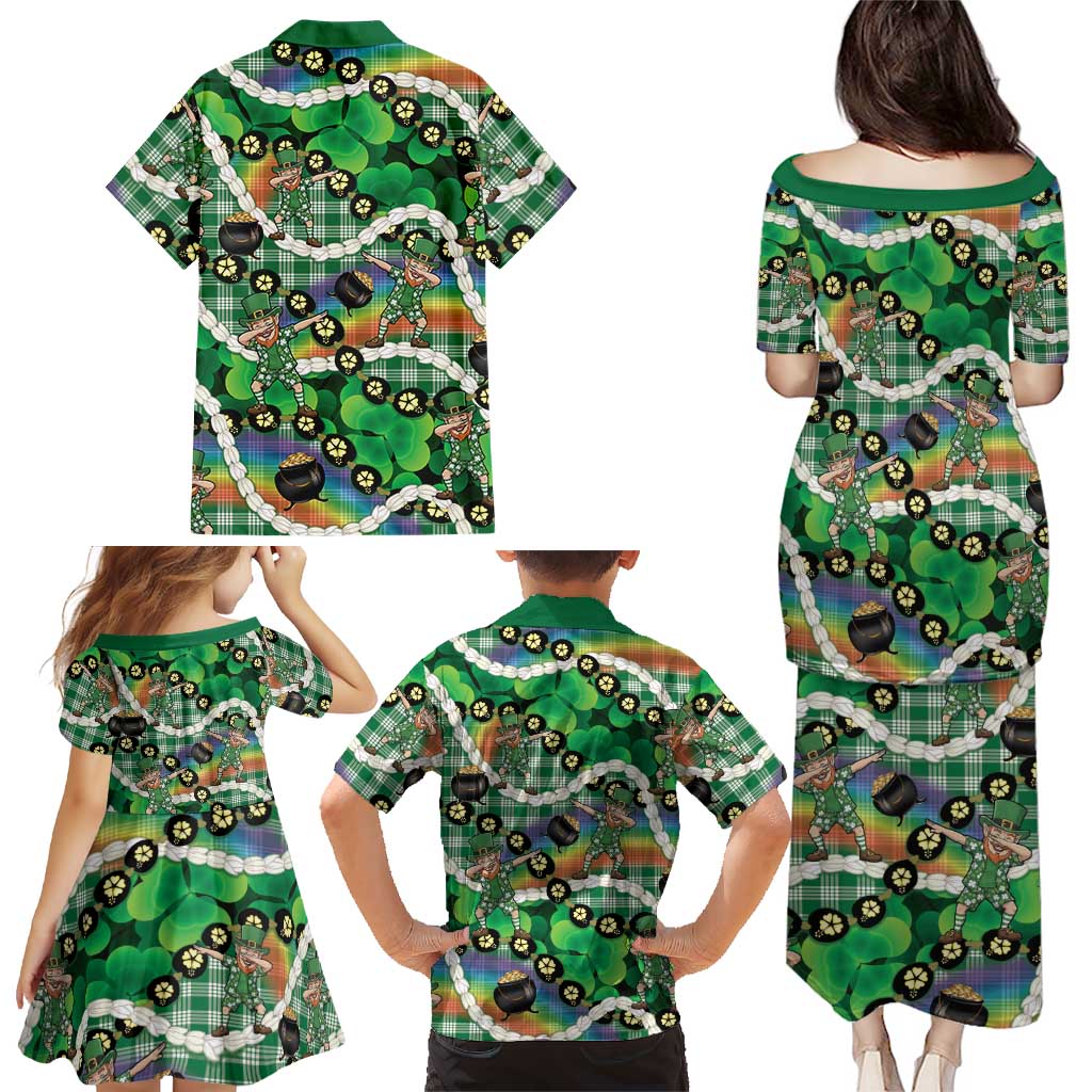 St Patrick's Day Palaka Hawaii Family Matching Puletasi and Hawaiian Shirt Kukui Nut Pikake Lei Shamrock Dabbing Leprechaun LT14 - Polynesian Pride