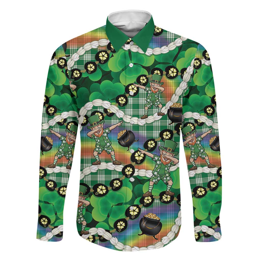 St Patrick's Day Palaka Hawaii Family Matching Puletasi and Hawaiian Shirt Kukui Nut Pikake Lei Shamrock Dabbing Leprechaun LT14 Dad's Shirt - Long Sleeve Green - Polynesian Pride