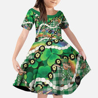 St Patrick's Day Palaka Hawaii Family Matching Short Sleeve Bodycon Dress and Hawaiian Shirt Kukui Nut Pikake Lei Shamrock Dabbing Leprechaun LT14 Daughter's Dress Green - Polynesian Pride