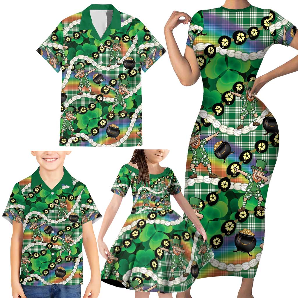 St Patrick's Day Palaka Hawaii Family Matching Short Sleeve Bodycon Dress and Hawaiian Shirt Kukui Nut Pikake Lei Shamrock Dabbing Leprechaun LT14 - Polynesian Pride