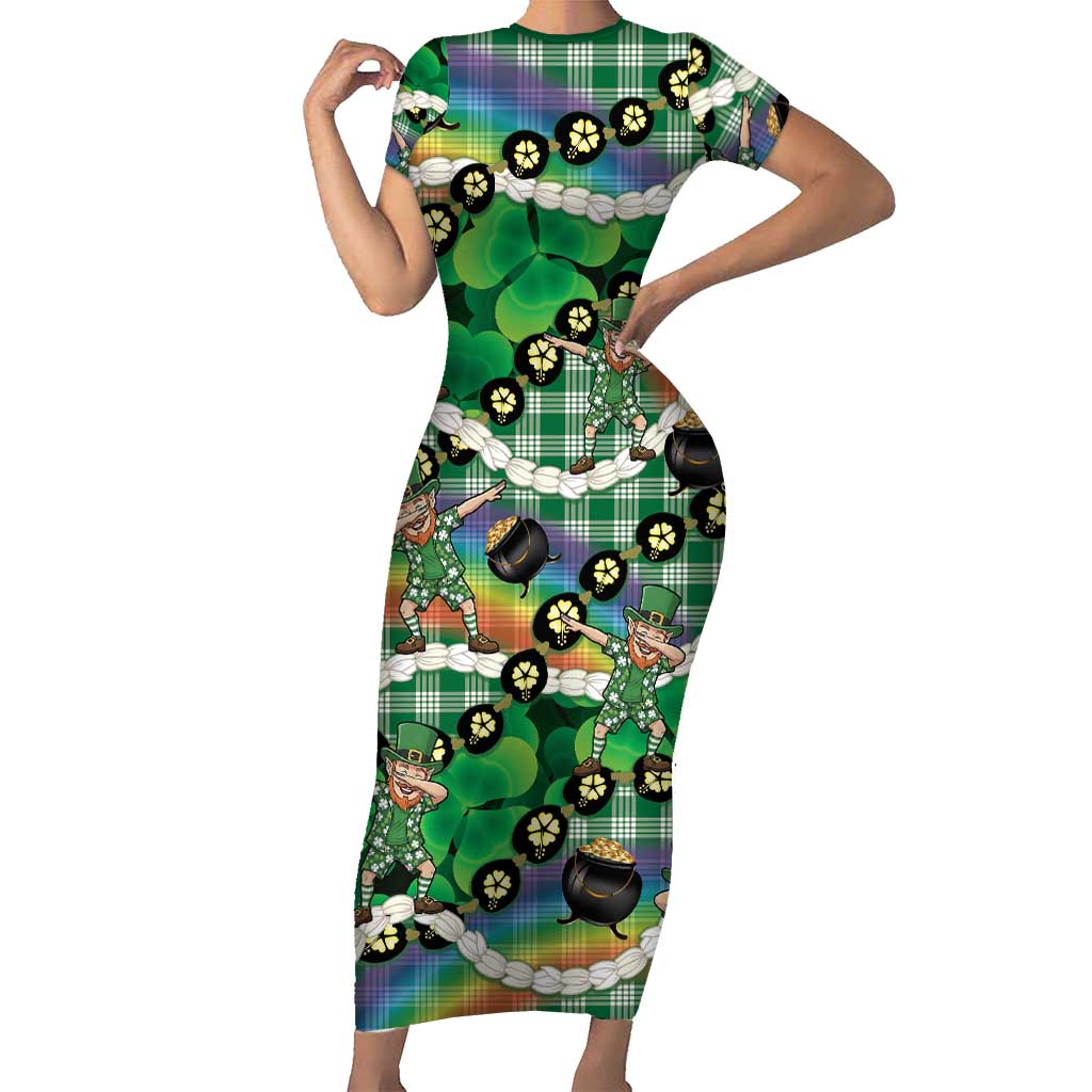 St Patrick's Day Palaka Hawaii Family Matching Short Sleeve Bodycon Dress and Hawaiian Shirt Kukui Nut Pikake Lei Shamrock Dabbing Leprechaun LT14 Mom's Dress Green - Polynesian Pride