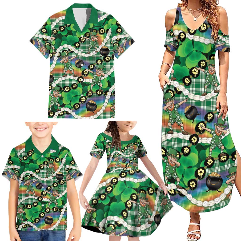 St Patrick's Day Palaka Hawaii Family Matching Summer Maxi Dress and Hawaiian Shirt Kukui Nut Pikake Lei Shamrock Dabbing Leprechaun