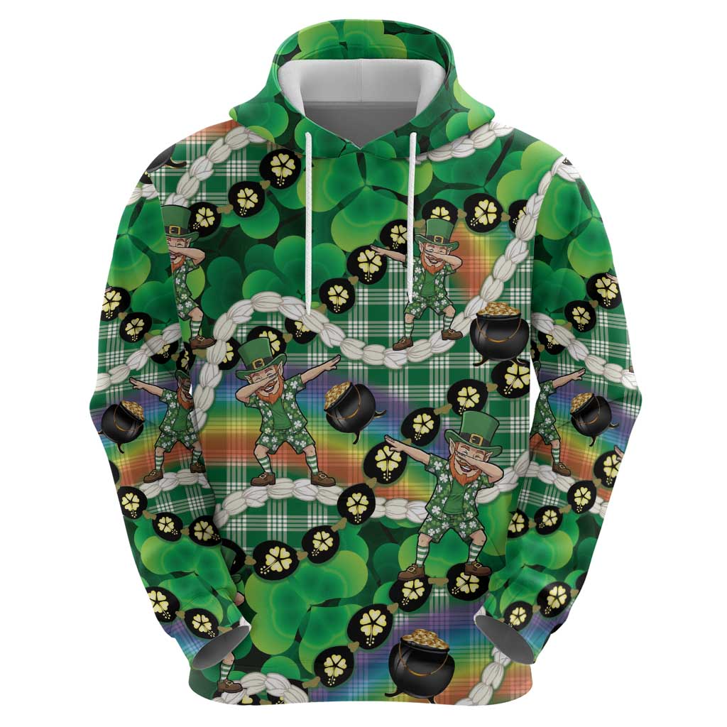 St Patrick's Day Palaka Hawaii Hoodie Kukui Nut Pikake Lei Shamrock Dabbing Leprechaun