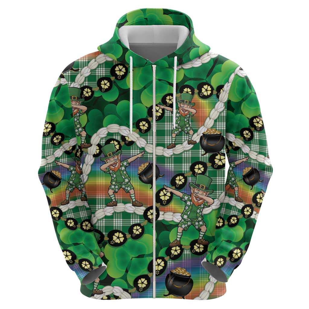 St Patrick's Day Palaka Hawaii Hoodie Kukui Nut Pikake Lei Shamrock Dabbing Leprechaun
