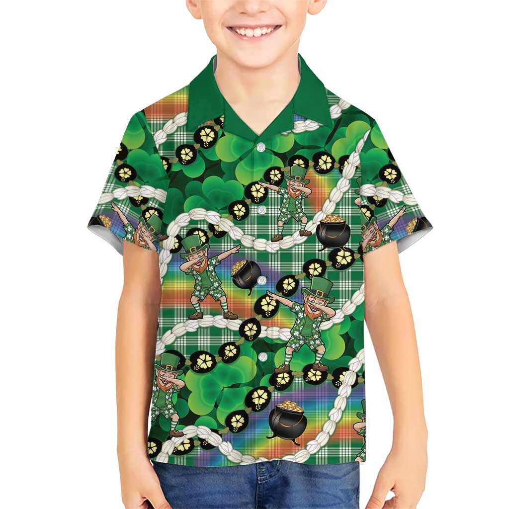 St Patrick's Day Palaka Hawaii Kid Hawaiian Shirt Kukui Nut Pikake Lei Shamrock Dabbing Leprechaun