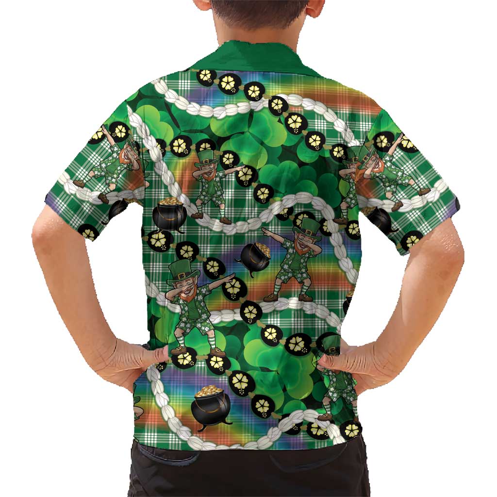 St Patrick's Day Palaka Hawaii Kid Hawaiian Shirt Kukui Nut Pikake Lei Shamrock Dabbing Leprechaun